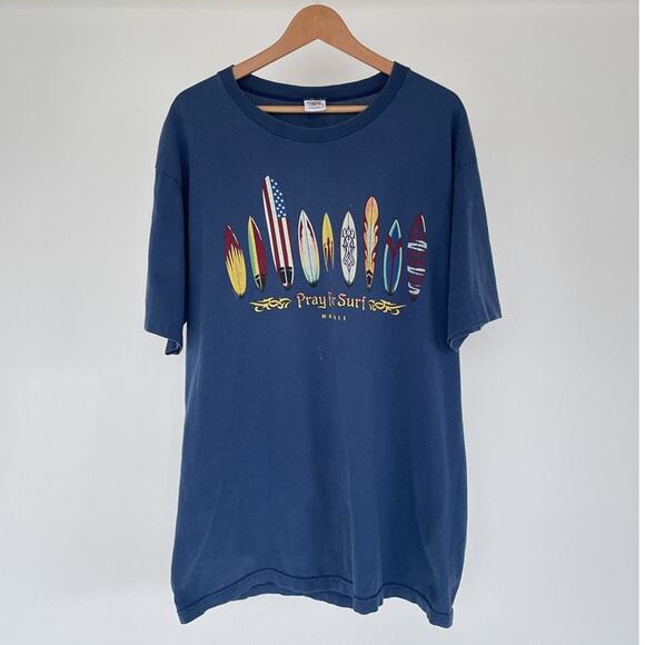 Vtg 90s Y2K Crazy Shirts Hawaii Pray For Surf Blue T-Shirt Sz XL Cotton USA - Picture 1 of 8